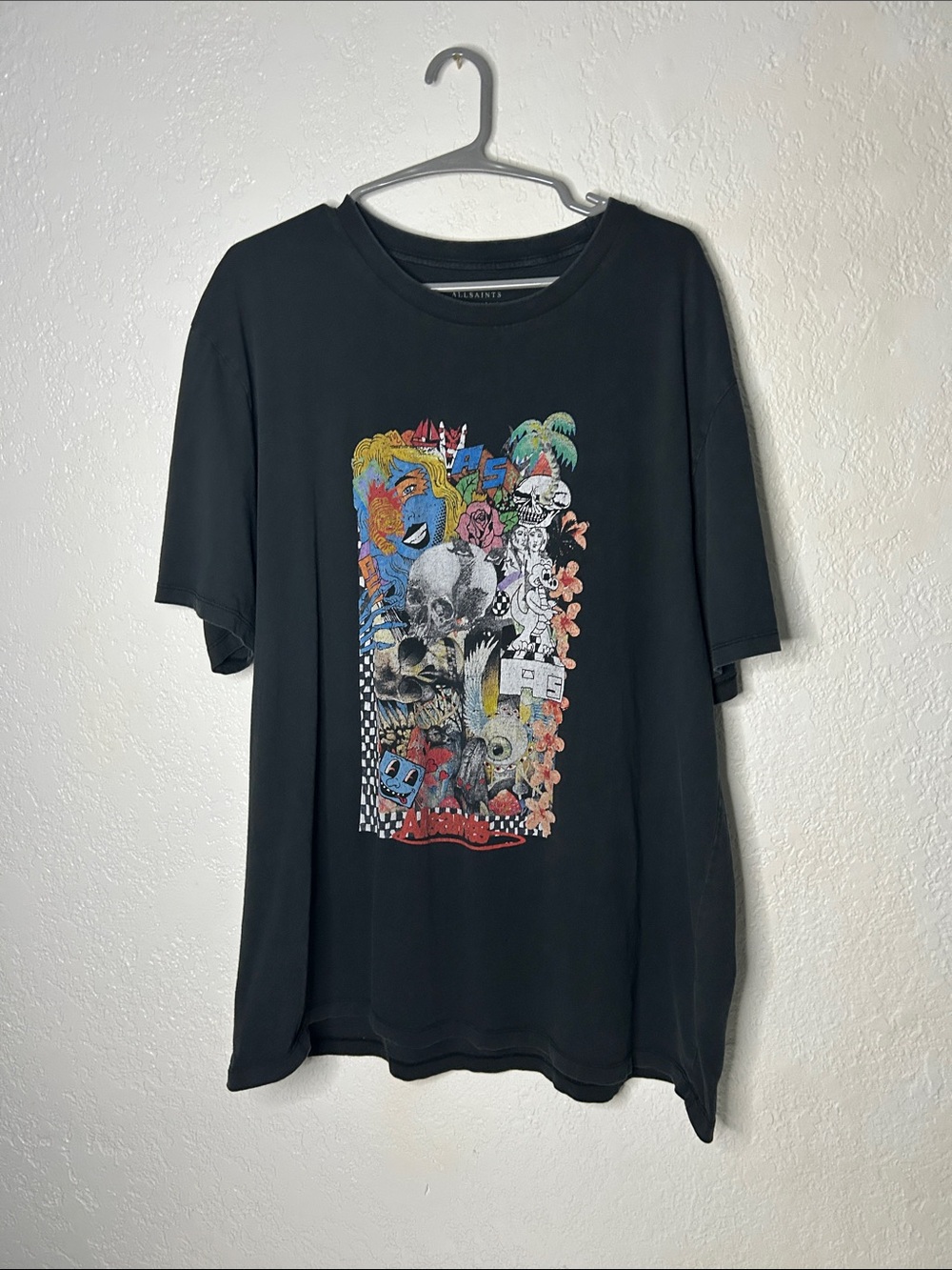 All Saints Black Graphic Short Sleeve Tee with Multicolor Print